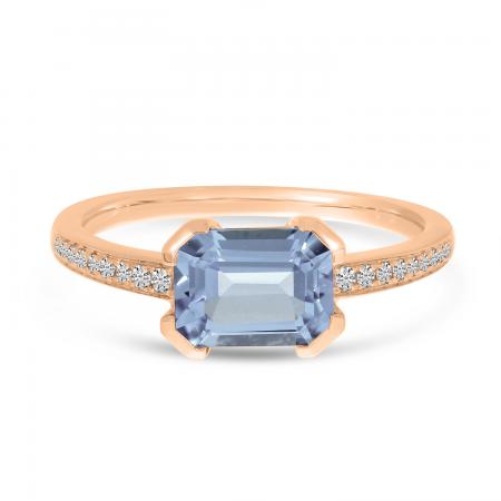 14K Rose Gold Aquamarine Semi Precious Emerald-Cut Pave Ring