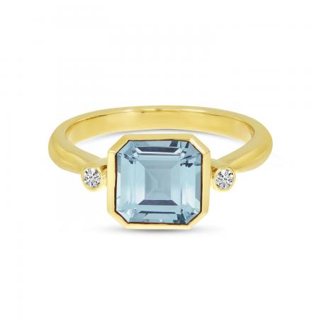 14K Yellow Gold Aquamarine Semi Precious Square Gold Halo Ring