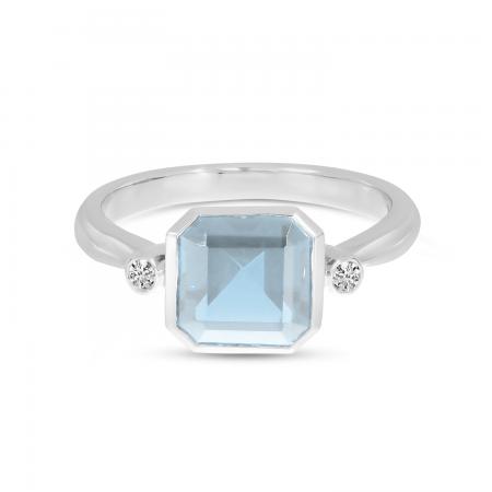 14K White Gold Aquamarine Semi Precious Square Gold Halo Ring