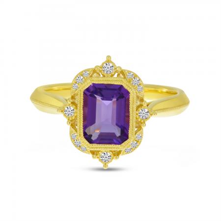 14K Yellow Gold Emerald Cut Amethyst Semi Precious Millgrain Halo Ring