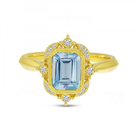 14K Yellow Gold Emerald Cut Aquamarine Semi Precious Millgrain Halo Ring