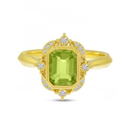 14K Yellow Gold Emerald Cut Peridot Semi Precious Millgrain Halo Ring