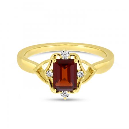 14K Yellow Gold Garnet Semi Precious Emerald-Cut Millgrain Halo Ring