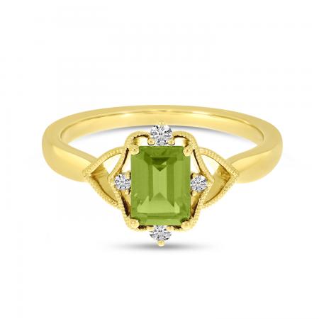 14K Yellow Gold Peridot Semi Precious Emerald-Cut Millgrain Halo Ring