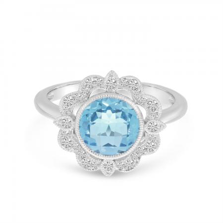 14K White Gold Round Aquamarine Millgrain Diamond Ring