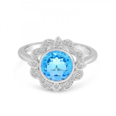 14K White Gold Round Blue Topaz Millgrain Diamond Ring