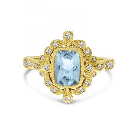 14K Yellow Gold Aquamarine Cushion with Diamond Milgrain Ring