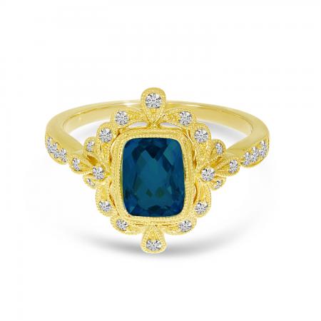 14K Yellow Gold London Blue Topaz Cushion with Diamond Milgrain Ring