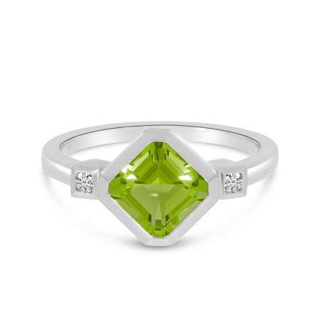 14K White Gold Square Peridot and Diamond Ring