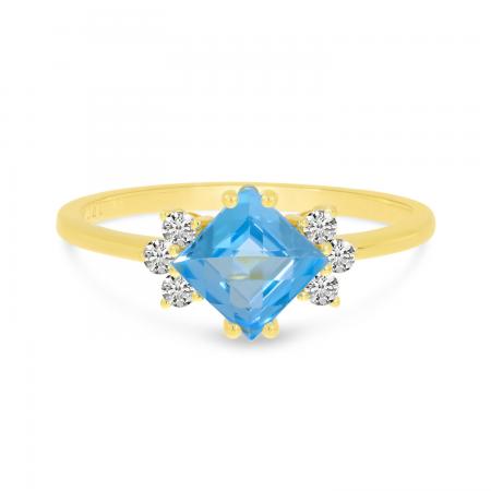 14K Yellow Gold Blue Topaz Princess Cut & Diamond Ring