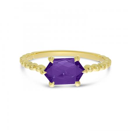 14K Yellow Gold Hexagon Amethyst Beaded Ring