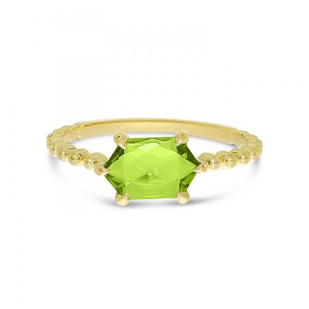 14K Yellow Gold Hexagon Peridot Beaded Ring