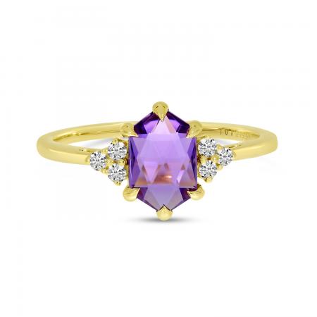 14K Yellow Gold Hexagon Amethyst and Diamond Ring