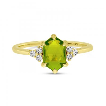 14K Yellow Gold Hexagon Peridot and Diamond Ring