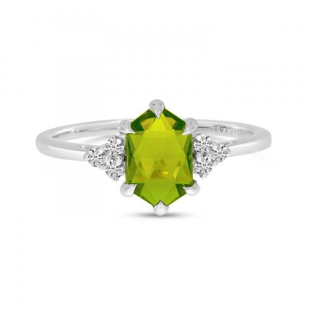 14K White Gold Hexagon Peridot and Diamond Ring