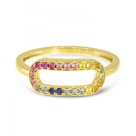 14K Yellow Gold Rainbow Sapphire Paperclip Ring