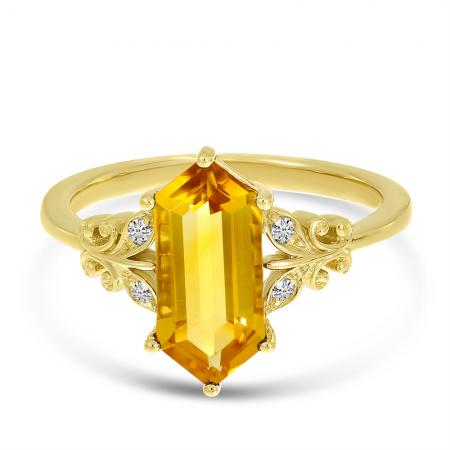 14K Yellow Gold Hexagon Citrine and Diamond Ring