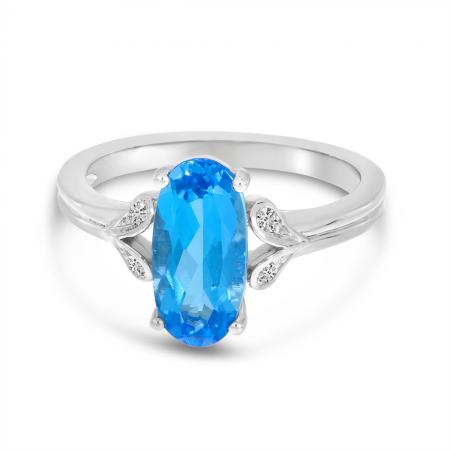 14K White Gold Oval Blue Topaz and Diamond Floral Ring