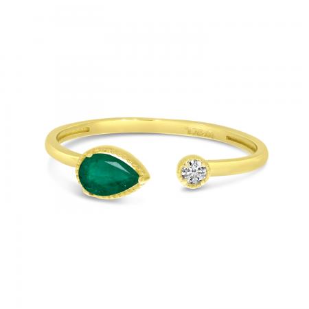 14K Yellow Gold Pear Emerald with Round Diamond Duo Ring