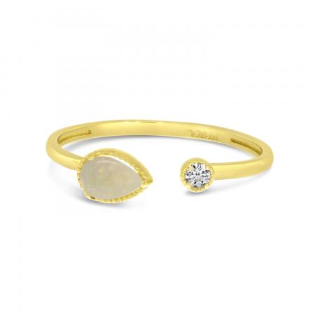 14K Yellow Gold Pear Opal with Round Diamond Duo Ring