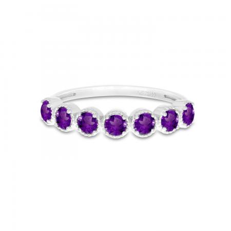 14K White Gold Round Amethyst Birthstone Bezel Band