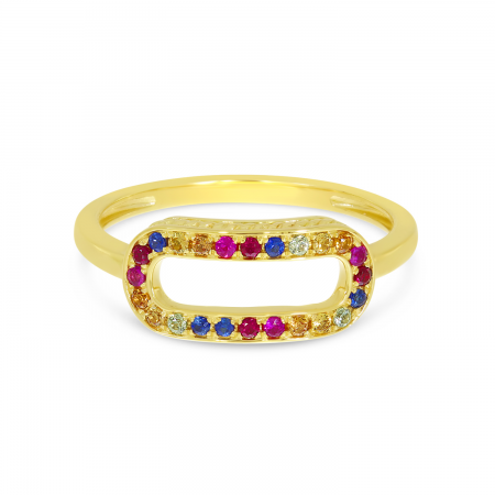 14K Yellow Gold Rainbow Sapphire Paperclip Ring