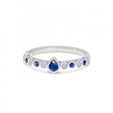 14K White Gold Round Sapphire and Diamond Pear Millgrain Ring