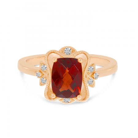 14K Rose Gold Cushion-Cut 9x6 mm Garnet and Diamond Millgrain Ring