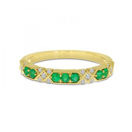 14K Yellow Gold Round Emerald and Diamond Band