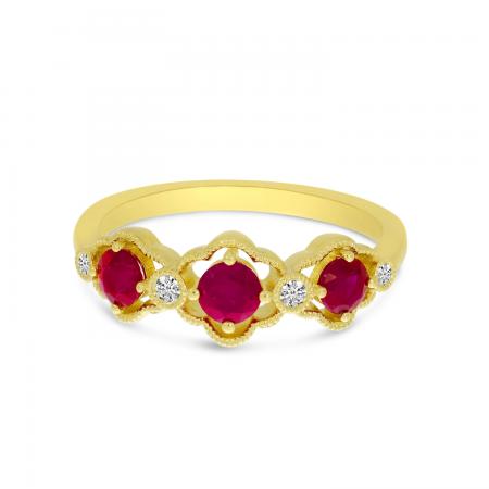 14K Yellow Gold Triple Round Ruby and Diamond Band