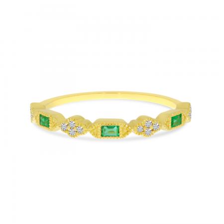 14K Yellow Gold Baguette Millgrain Emerald and Diamond Band