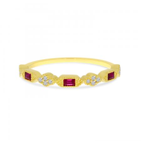 14K Yellow Gold Baguette Millgrain Ruby and Diamond Band