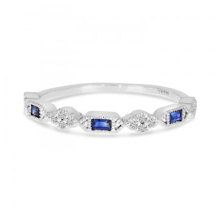 14K White Gold Baguette Millgrain Sapphire and Diamond Band