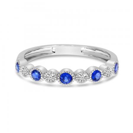 14K White Gold Round Sapphire and Diamond Millgrain Band