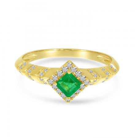 14K Yellow Gold Princess Emerald and Diamond Halo Ring