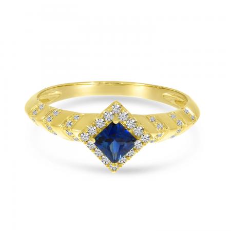 14K Yellow Gold Princess Sapphire and Diamond Halo Ring