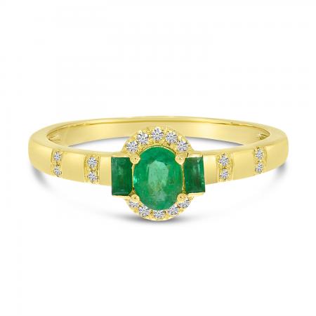 14K Yellow Gold Oval Emerald with Baguette Emerald and Diamond Ring