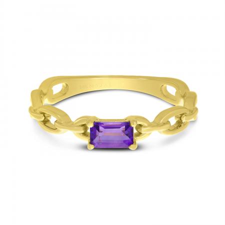 14K Yellow Gold Emerald Cut Amethyst with Link Band Ring