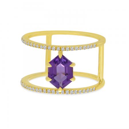 14K Yellow Gold Hexagon Amethyst and Diamond Double Band Semi Precious Ring