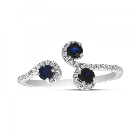 14K White Gold Precious Round Sapphire and Diamond Three Stone Swirl Ring