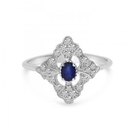 14K White Gold Oval Sapphire and Diamond Art Deco Ring