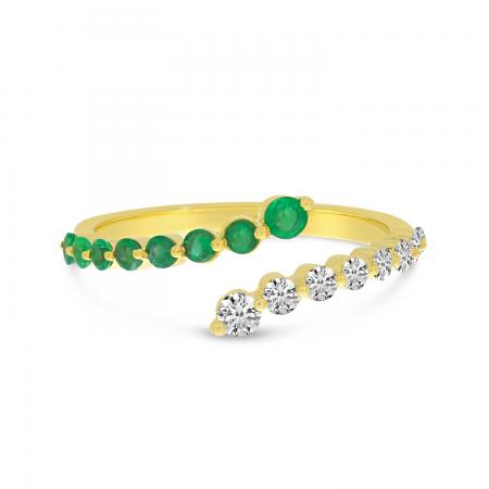 14K Yellow Gold Graduated Emerald and Diamond Precious Bypass Ring