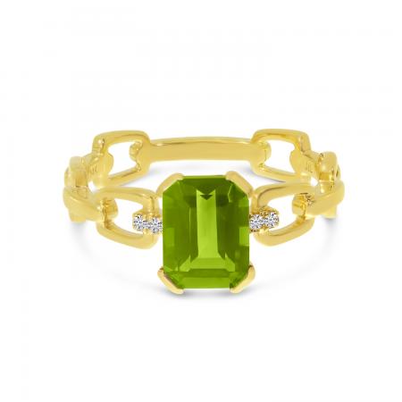 14K Yellow Gold Peridot Octagon & Diamond Link RIng