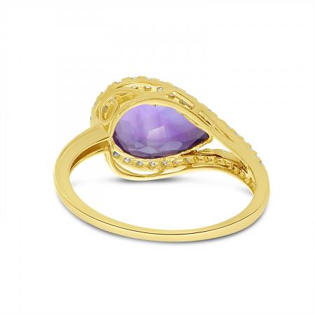 14K Yellow Gold Amethyst East to West Pear Cut Diamond Halo Amethyst Ring