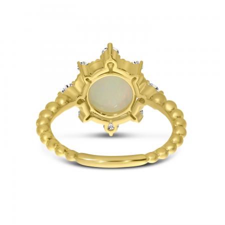 14K Yellow Gold Round Opal and Diamond Beaded Band Ring