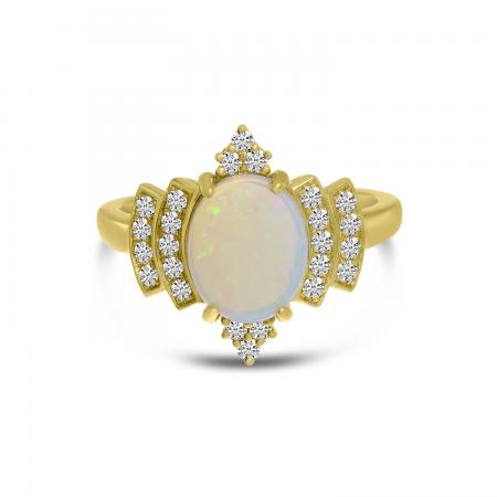 14K Yellow Gold Oval Opal Ring with Diamond Halo