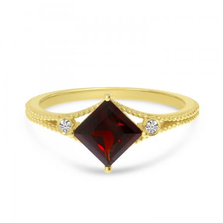 14K Yellow Gold Princess Garnet Beaded Band Ring