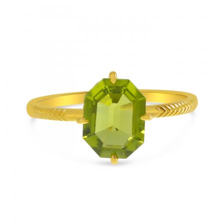 14K Yellow Gold Hexagon Peridot Ring with Herringbone Shank