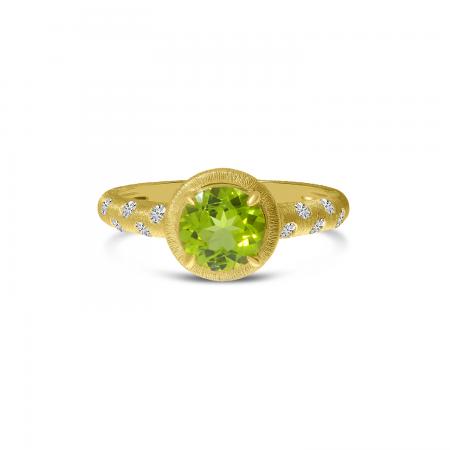 14K Yellow Gold Round Peridot and Diamond Satin Band Ring