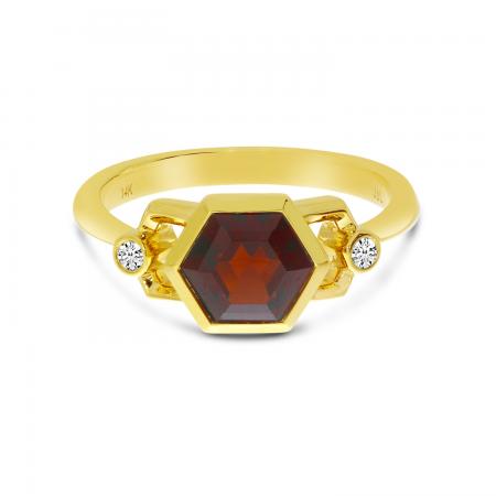 14K Yellow Gold Hexagon Garnet and Diamond Geometric Ring